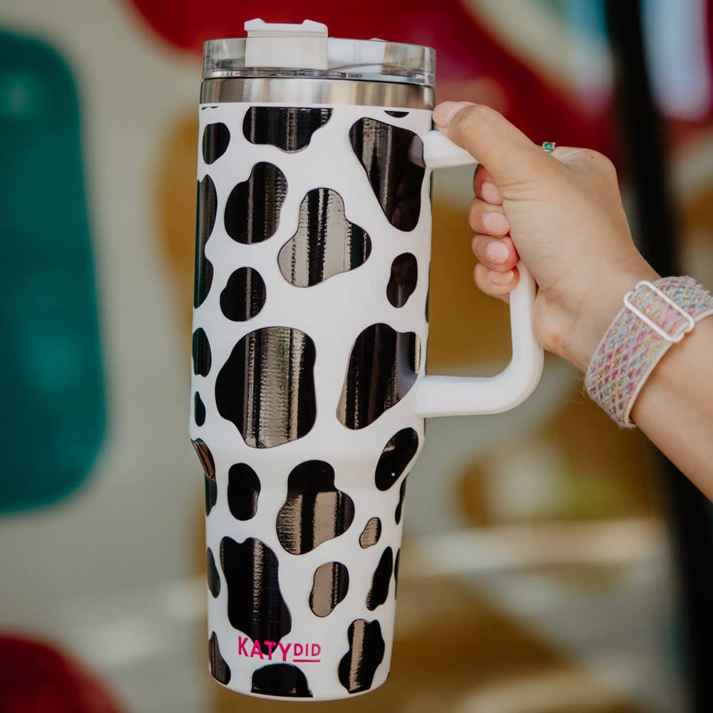Katydid - Black/White Cow Print Tumbler Cup with Handle: White