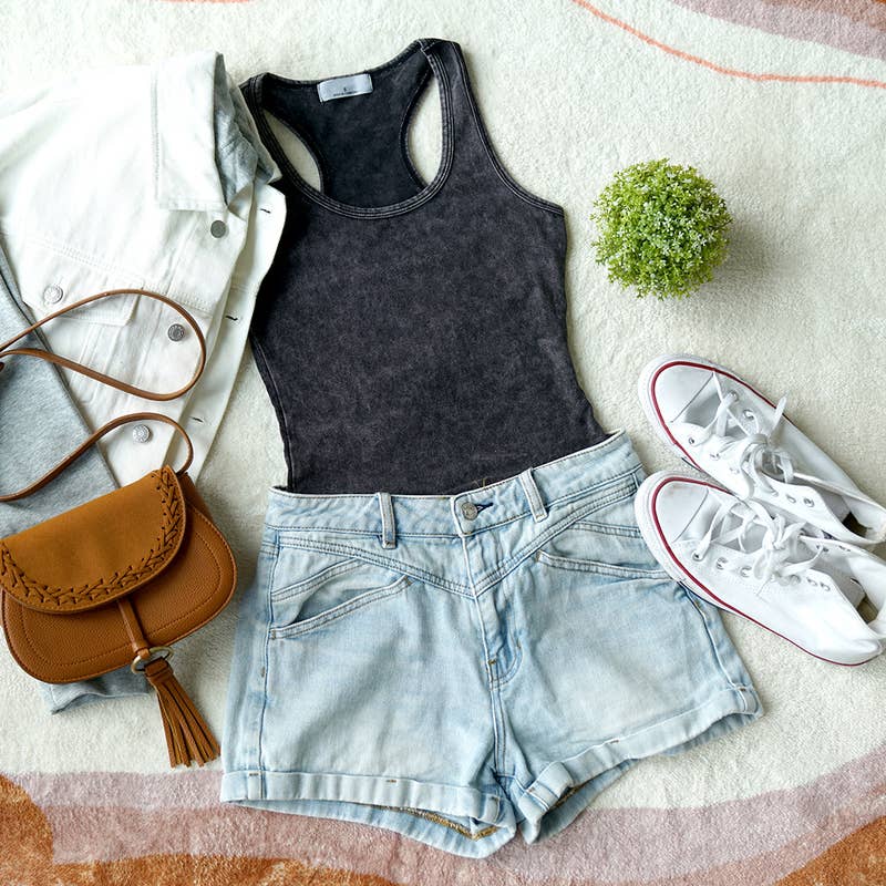 Washed Cotton Bodysuit w/ snap button closure: ASH BLACK