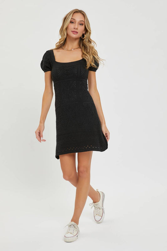 Black crochet knit short dress with square neckline and short sleeves
