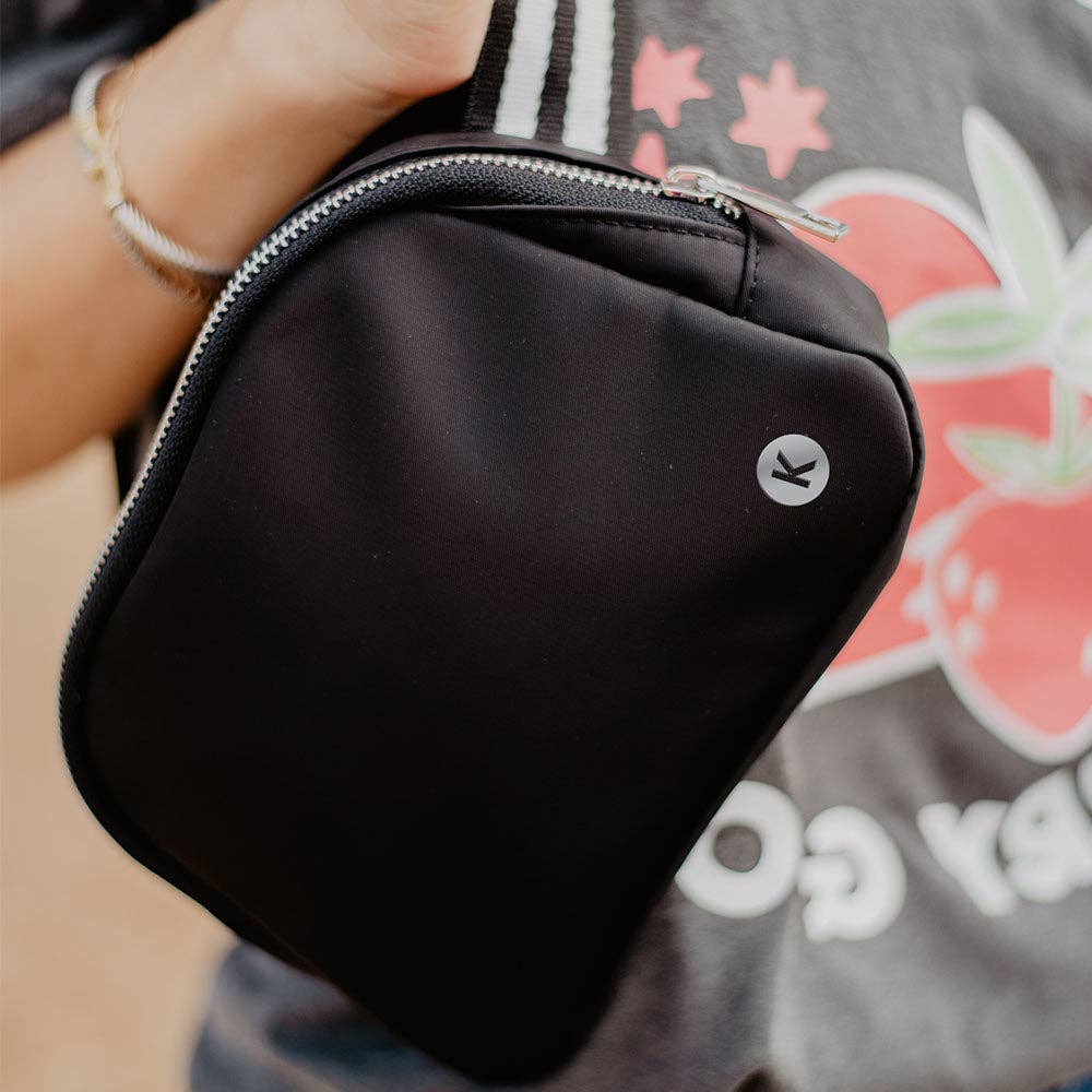 Katydid - Black Solid Belt Bag with Striped Strap: Black / OS
