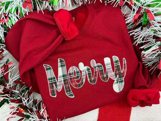 Plaid Christmas Cursive Merry Embroidered Crew