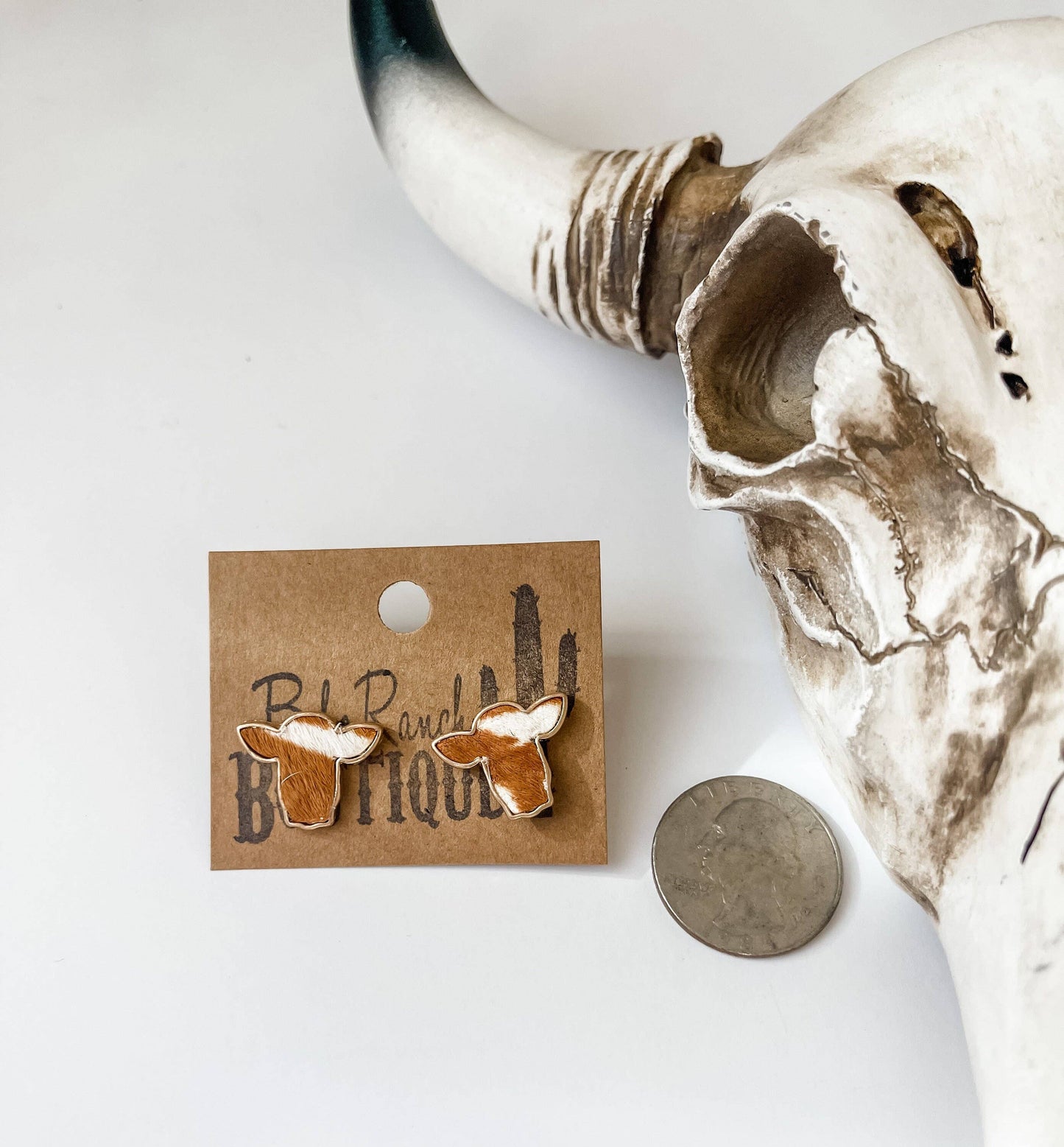 Boho Ranch Shop - Steer Head Cowhead Cowhide Stud Earrings: BLACK + WHITE