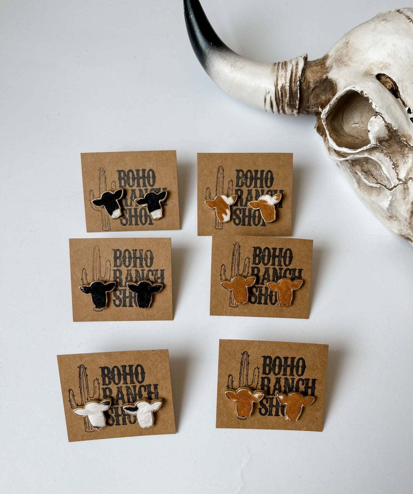 Boho Ranch Shop - Steer Head Cowhead Cowhide Stud Earrings: BLACK + WHITE