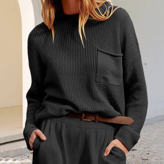 Crewneck Long Sleeve Pockets Knitted Top
