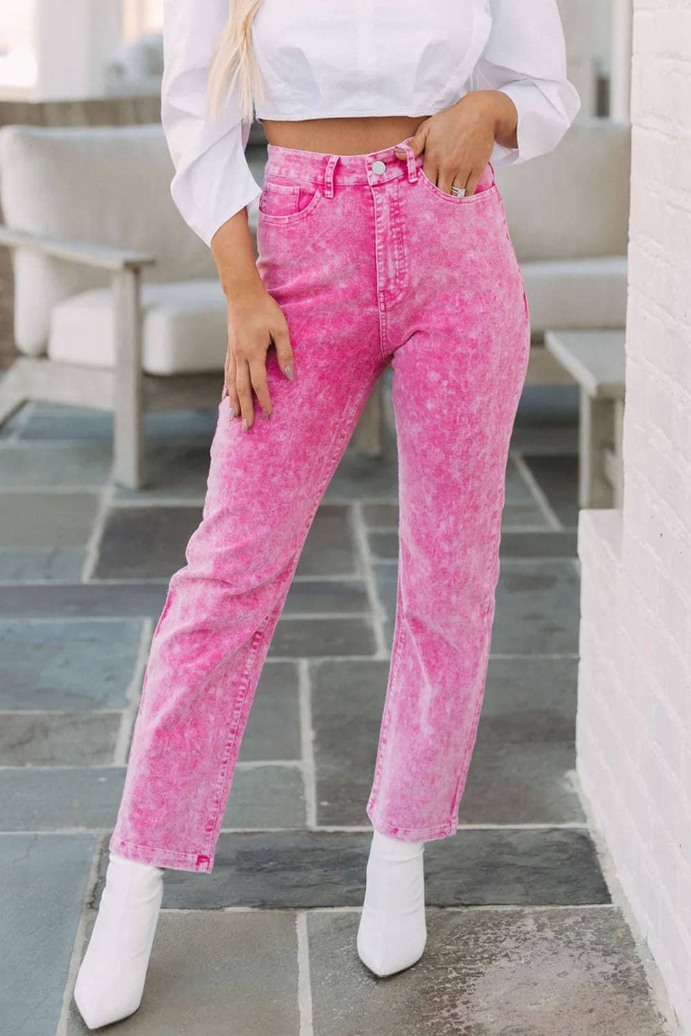 styled view of. Mid-Waist Pocketed Button Casual Jeans in Rose, featuring tie-dye details, a button closure, and pockets. Made from skin-friendly denim, suitable for casual and daily wear.