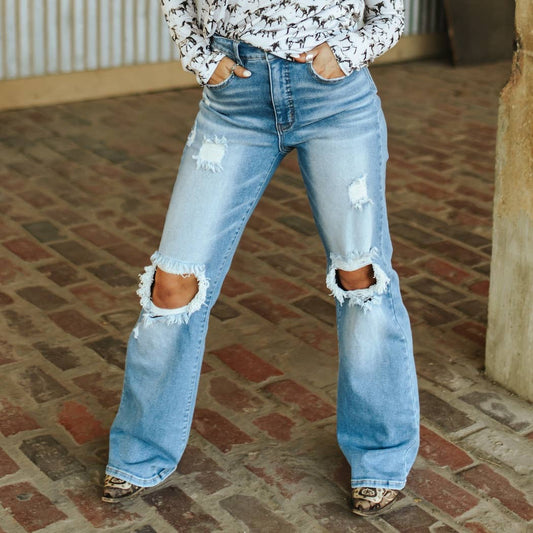 LUCKY & BLESSED - Light Wash Tummy Control Distressed Bootcut Jeans: 4