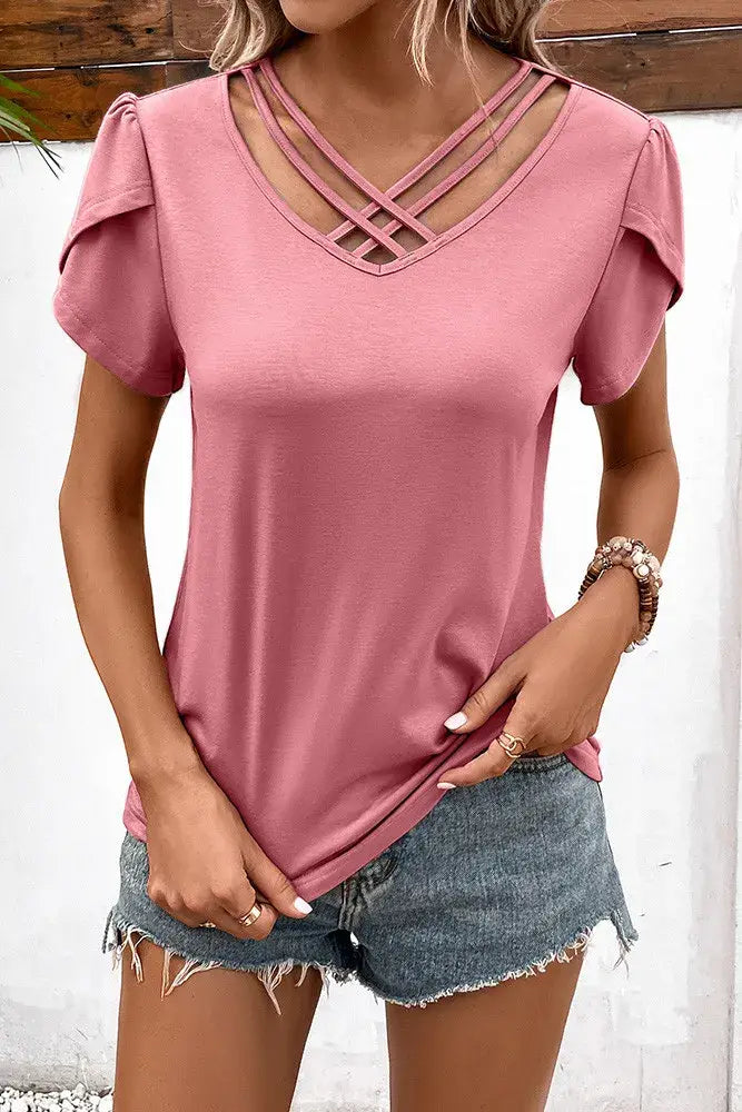 styled view of light pink Plain V-Neck Strappy Tulip Sleeves Top, Women's Fashion Blouse