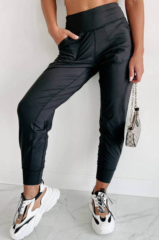 FULL TIME PURCHASE - Exposed Seam High Waist Pocketed Joggers: Black / L