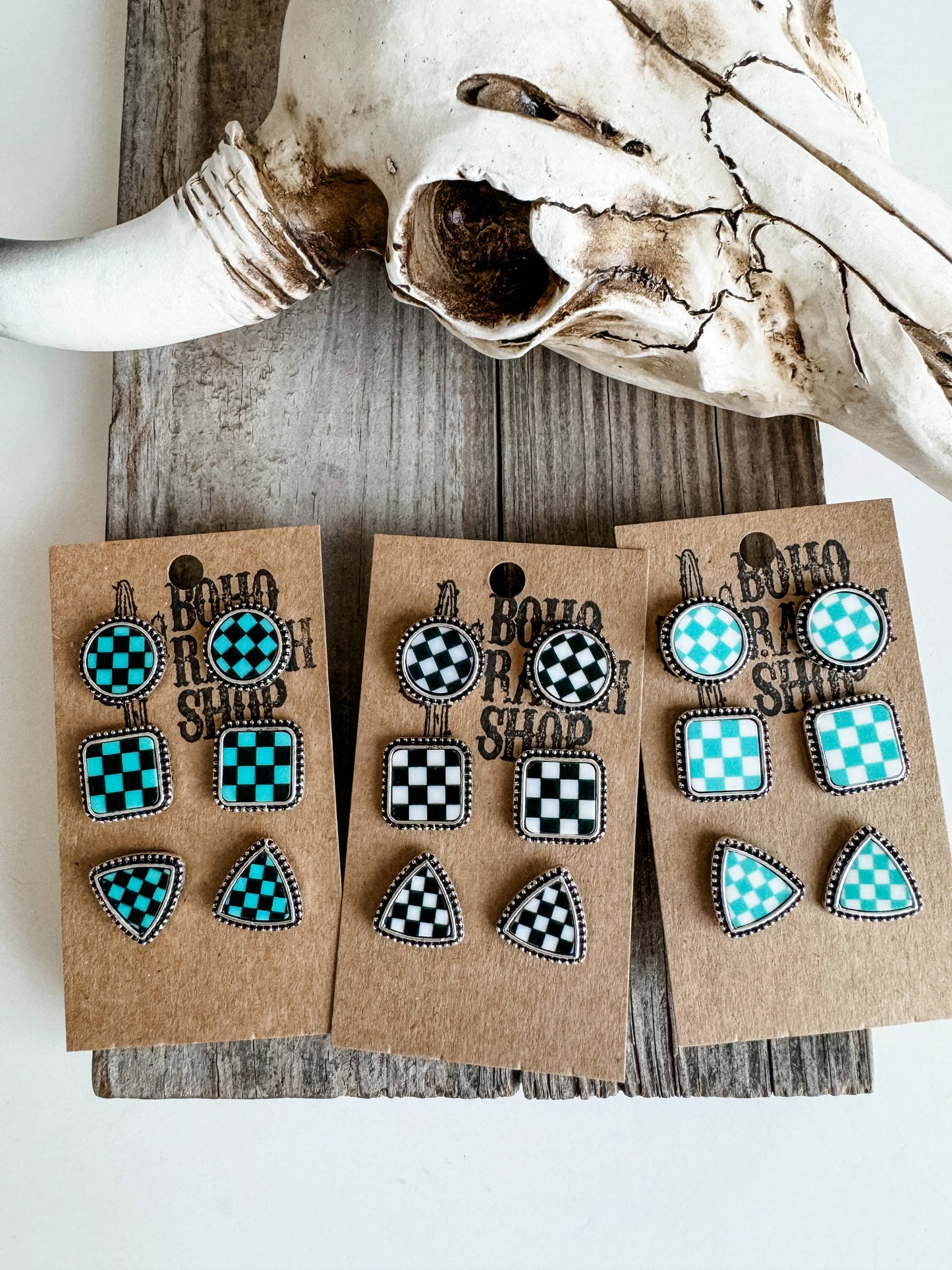 Boho Ranch Shop - Western Checker Shape Post Combo Earring Set: 4