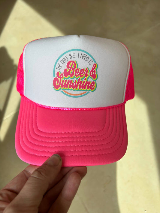 Vibes Hat Company - Beer & Sunshine Trucker: White & Neon Pink Foam