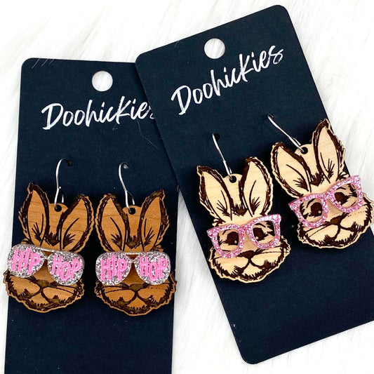 Doohickies - 1.75" Cool Bunnies -Easter Earrings: Birch Bunny & Pink Glitter Glasses