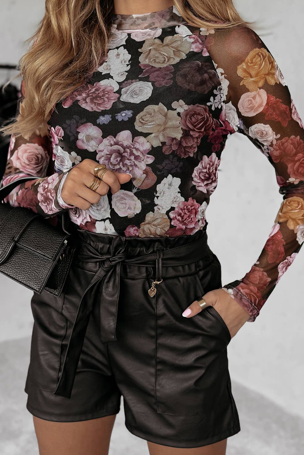 Mesh Floral Print Mock Neck Long Sleeve Slim Top