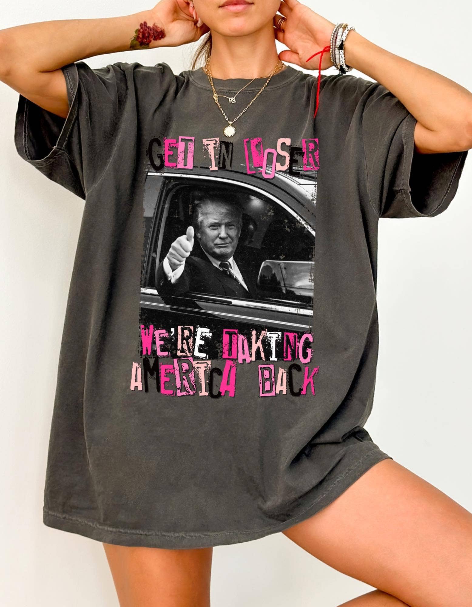 gray view of Ivory 'Get in Loser We’re Saving America' Trump Tee Shirt