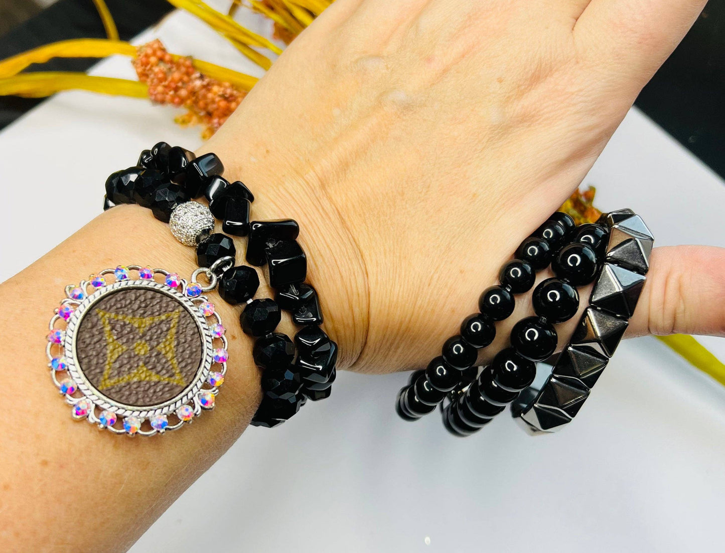 Bleu Olive Designs - Black Upcycled LV Stretch Bracelet Set