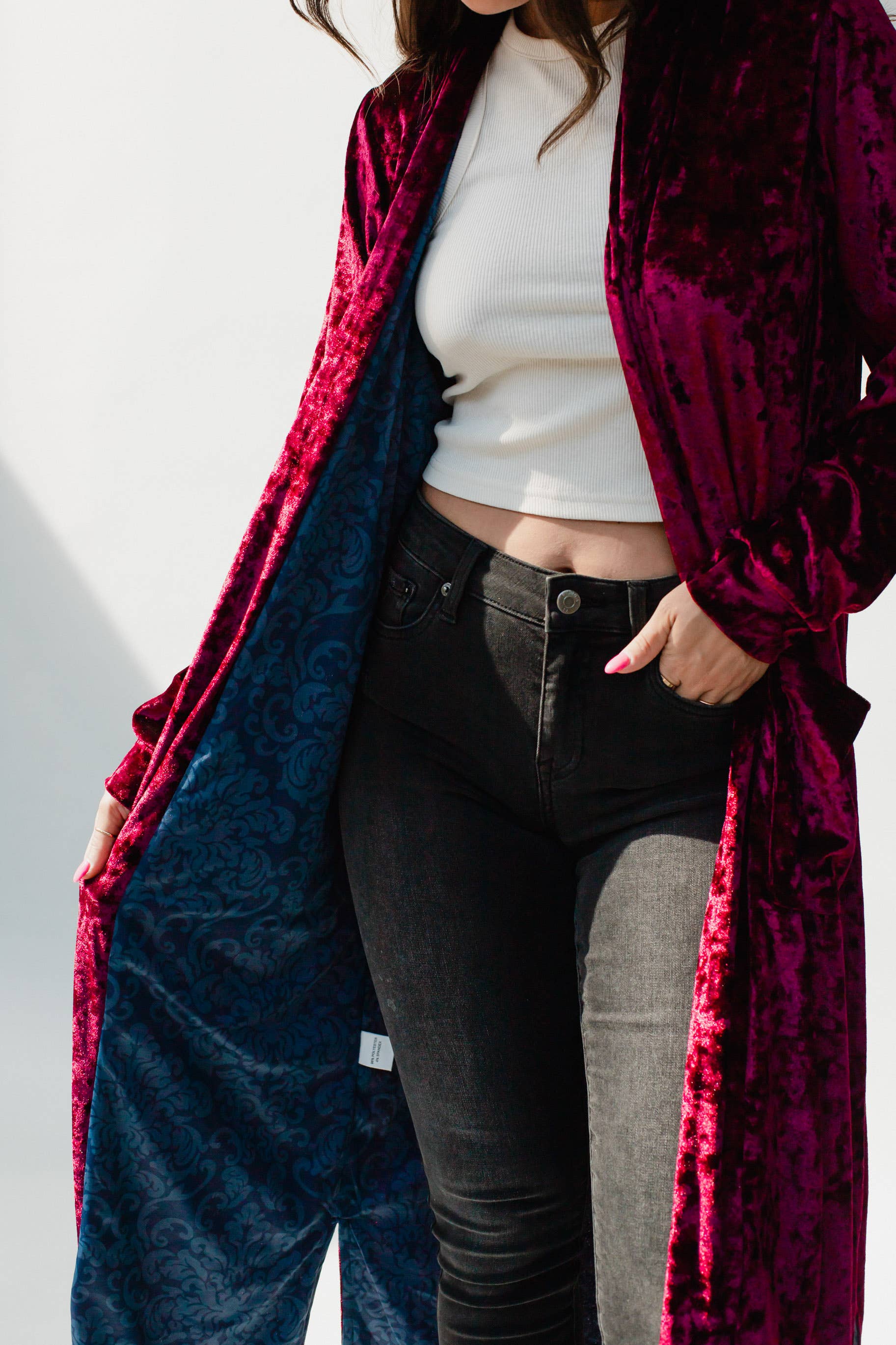 detailed view of Wine Velvet Duster Cardigan with Decorative Printed Lining