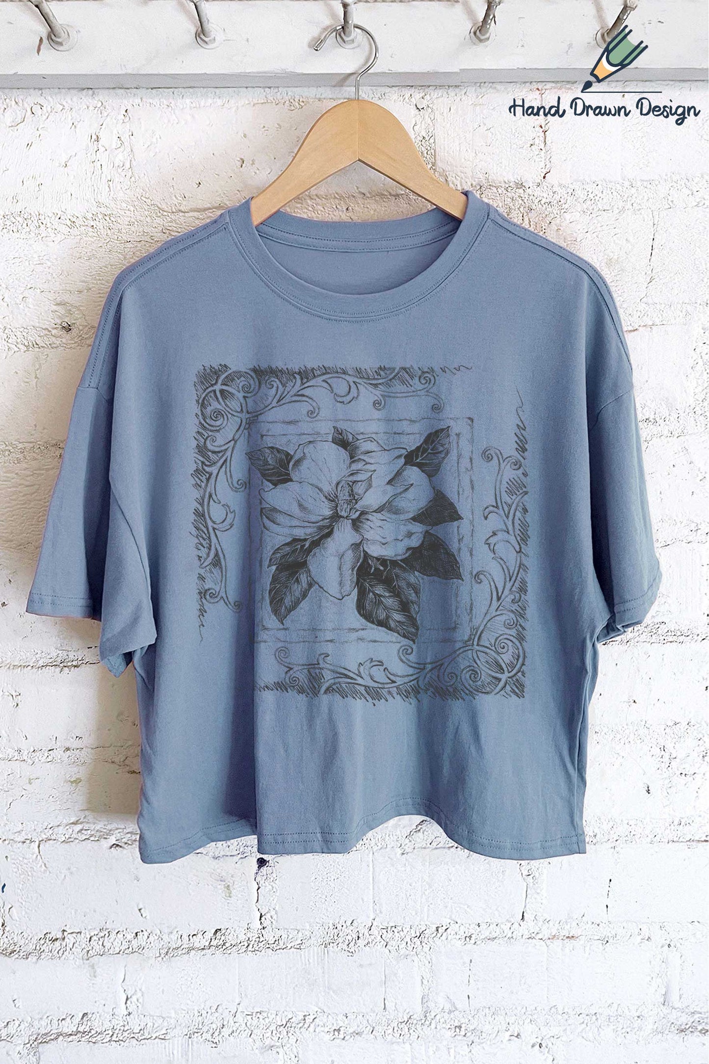 Rustee Clothing - MAGNOLIA FLOWER HAND DRAWN GRAPHIC LONG CROP TOP: Dusty mint