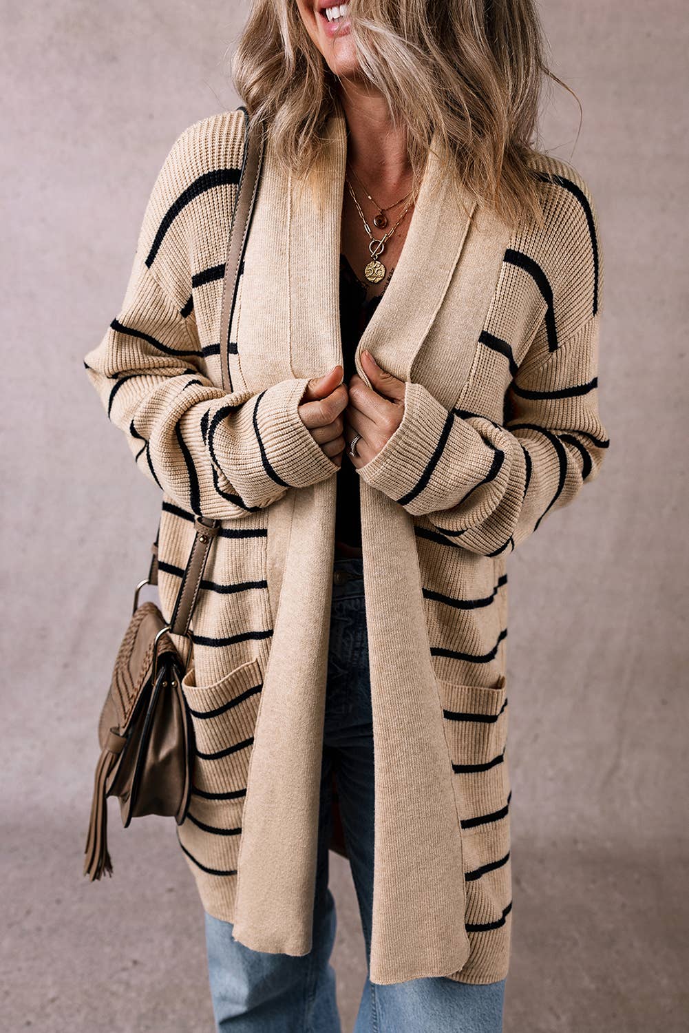 Stripe Pattern Open Front Cardigan with Side Pockets :