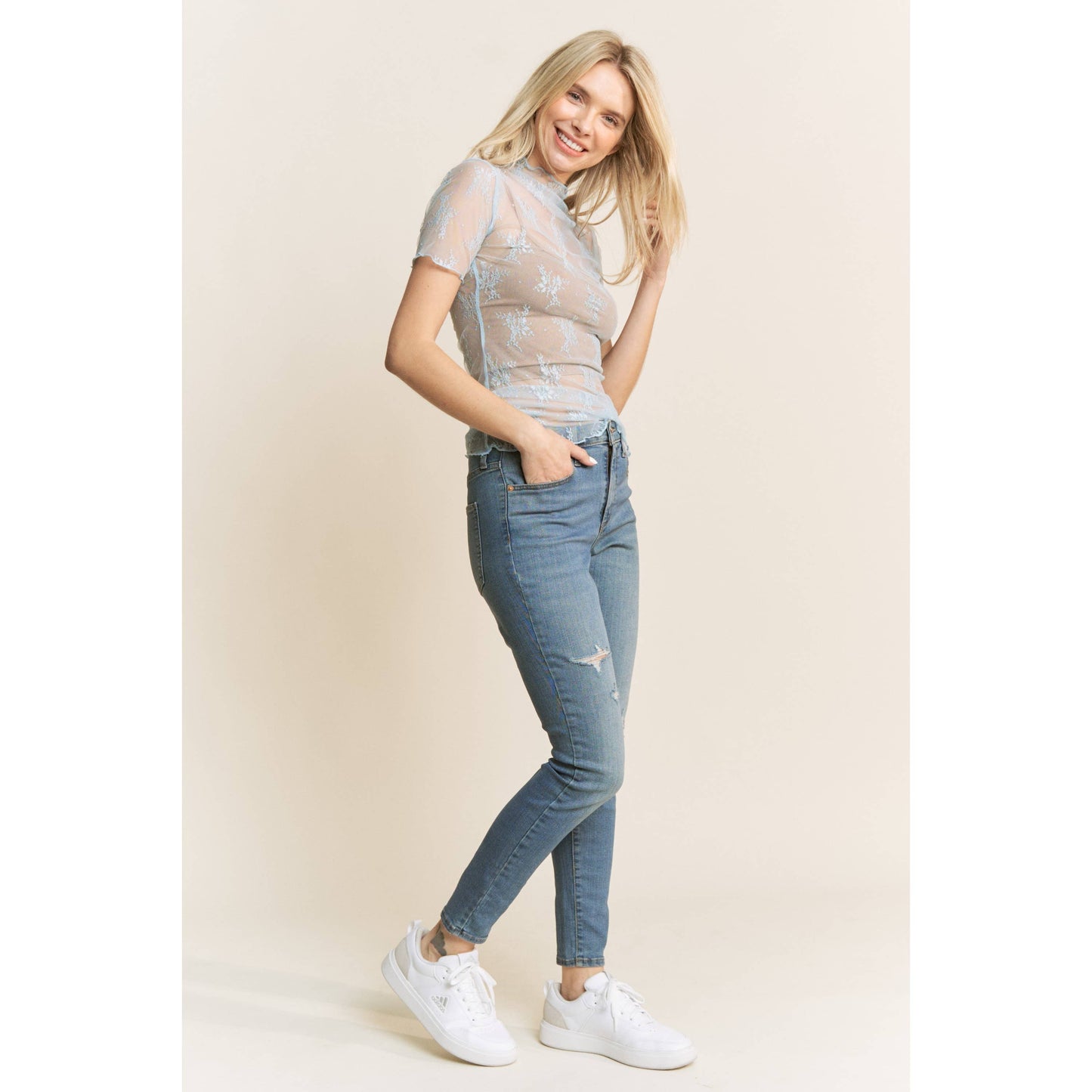 MESH LACE HIGH NECK DESIGN SHORT SLEEVE FITTED TOP