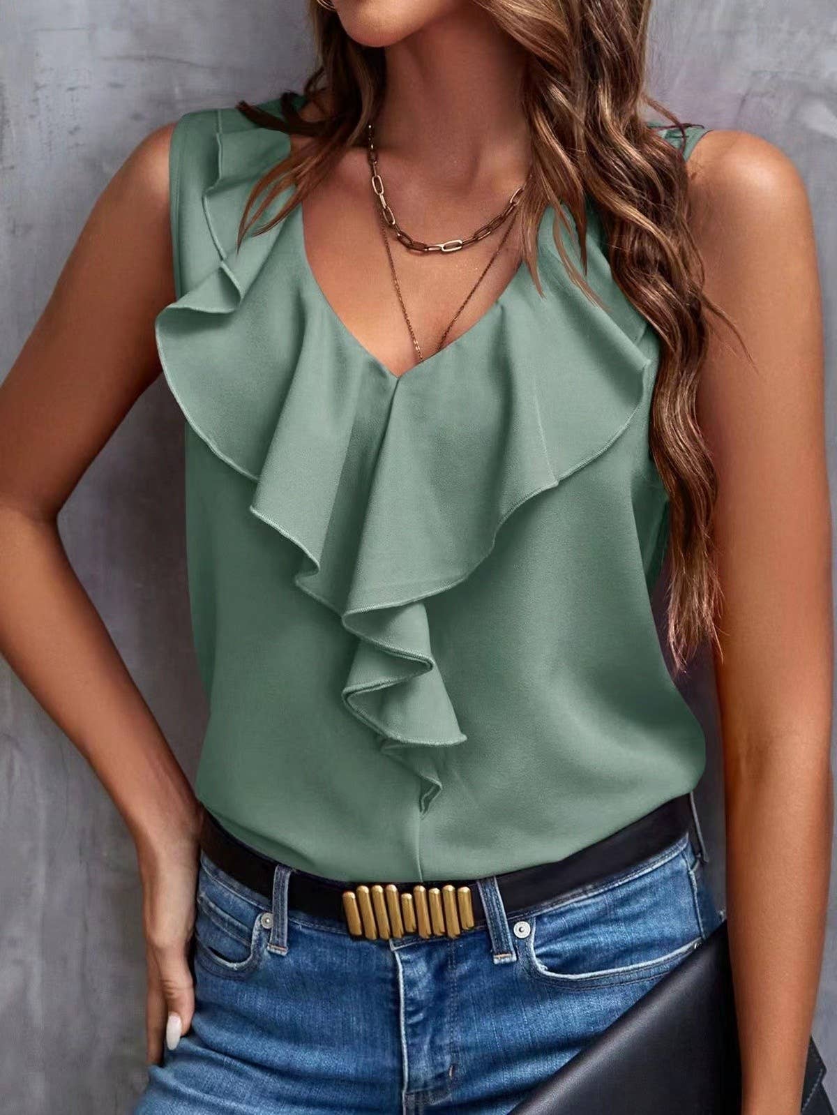 Miss Sparkling - V-neck ruffle trip top: XL / Magenta