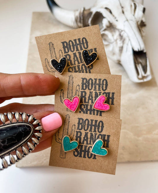 Boho Ranch Shop - Mini Druzy Heart Earrings: Black