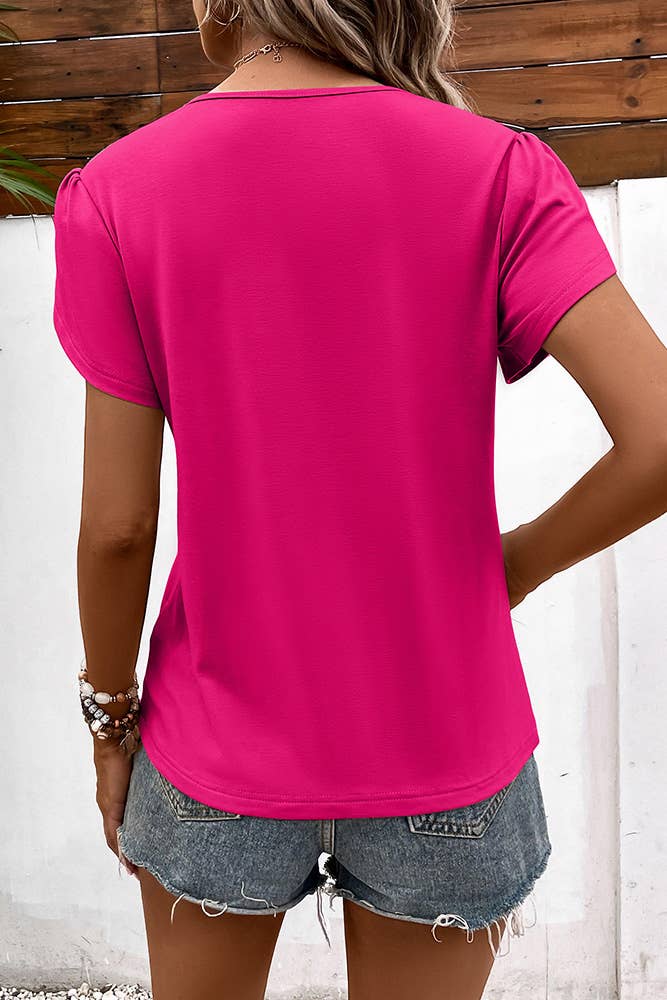 back view of Plain V-Neck Strappy Tulip Sleeves Top, Women's Fashion Blouse
