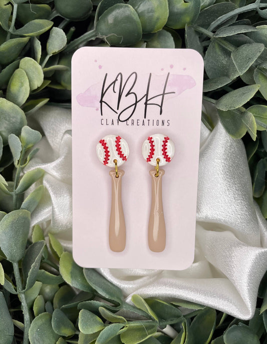 KBH CREATIONS - Softball/Baseball Bat Dangle Handmade Clay Earrings: Baseball