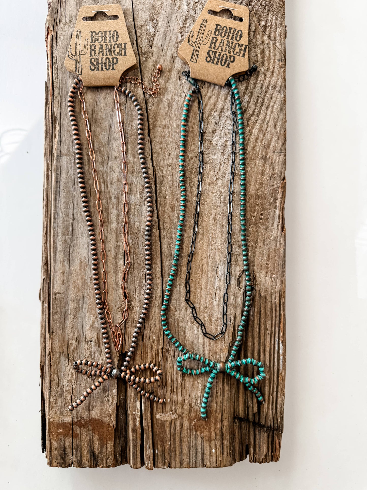 Boho Ranch Shop - Navajo Style Pearl Bow Coquette Layered Necklace: Patina Turquoise