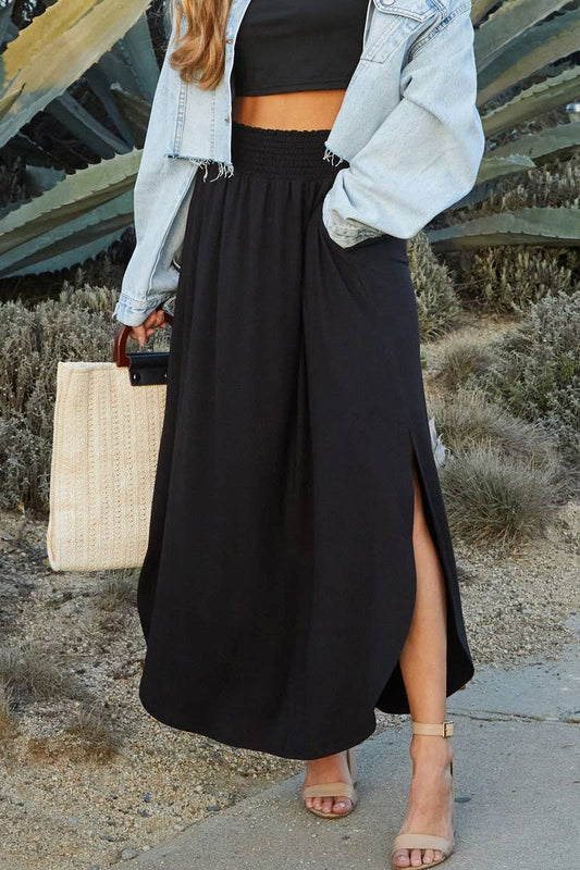 NINEXIS - CWBLS041_SMOCKING WAIST MAXI SKIRT WITH SIDE POCKET: Black / (XL) 1