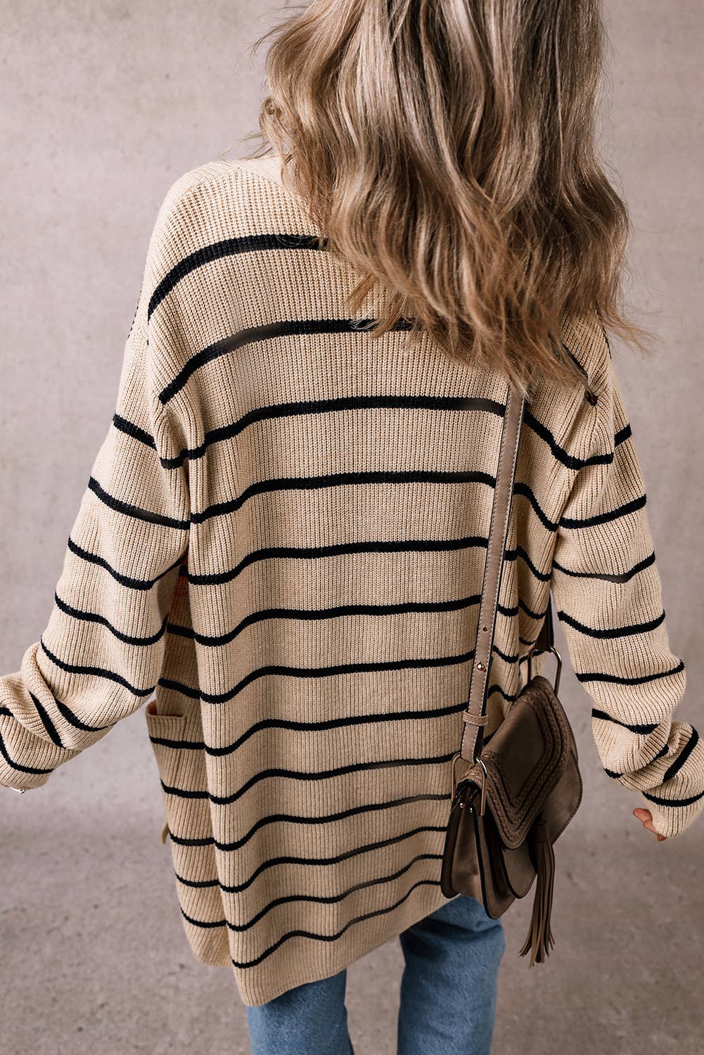Stripe Pattern Open Front Cardigan with Side Pockets :