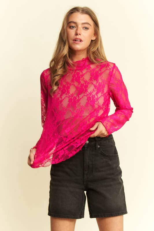 Floral Print Lace Long Sleeves Top KRT1739: FUCHSIA