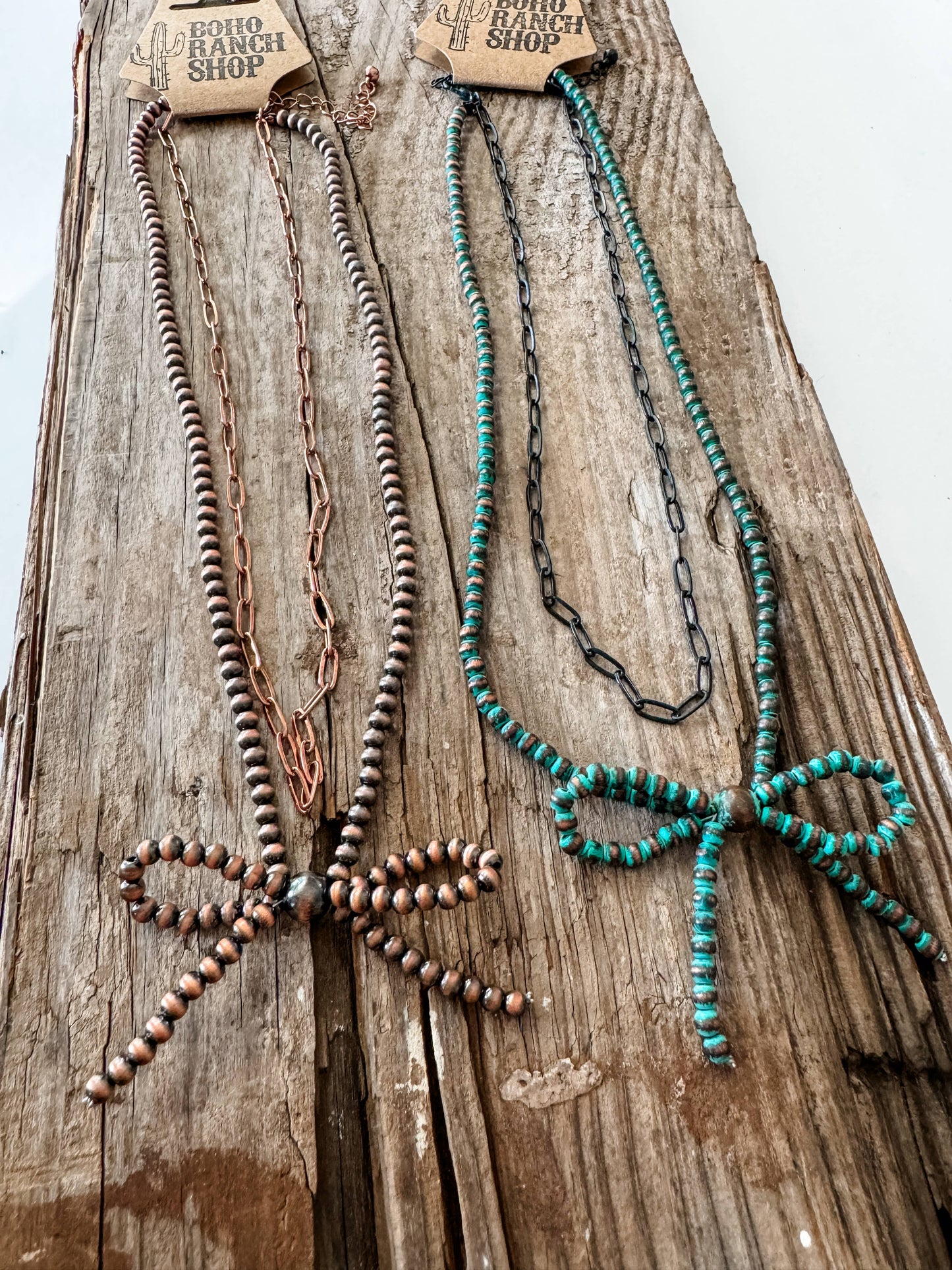Boho Ranch Shop - Navajo Style Pearl Bow Coquette Layered Necklace: Patina Turquoise
