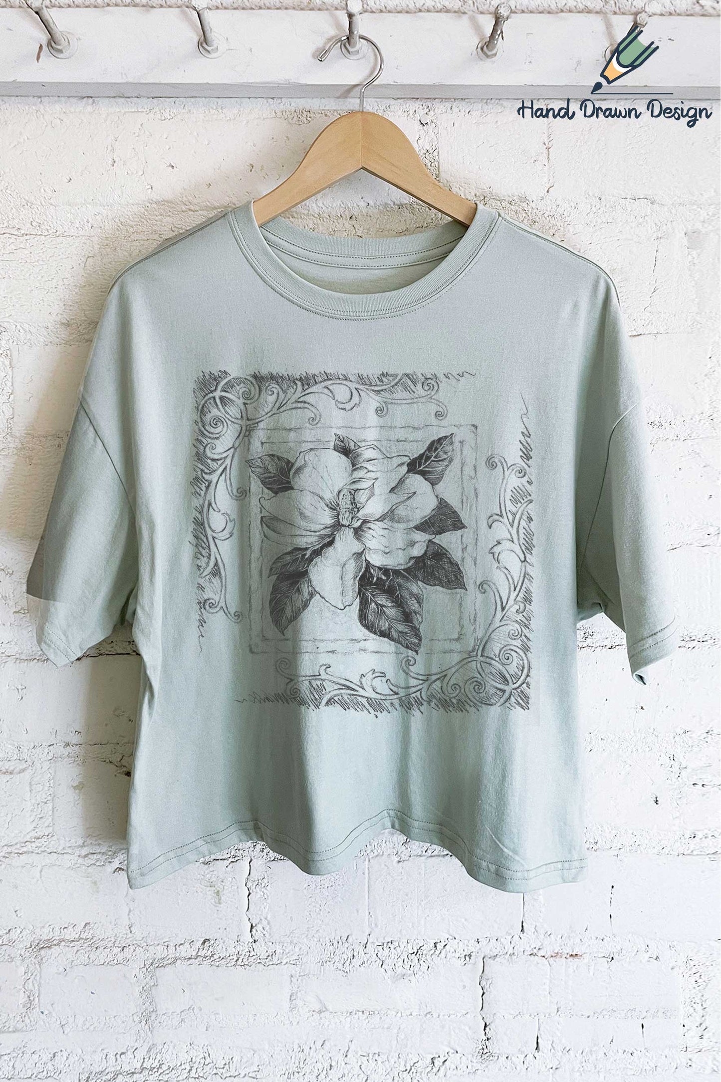 Rustee Clothing - MAGNOLIA FLOWER HAND DRAWN GRAPHIC LONG CROP TOP: Dusty mint