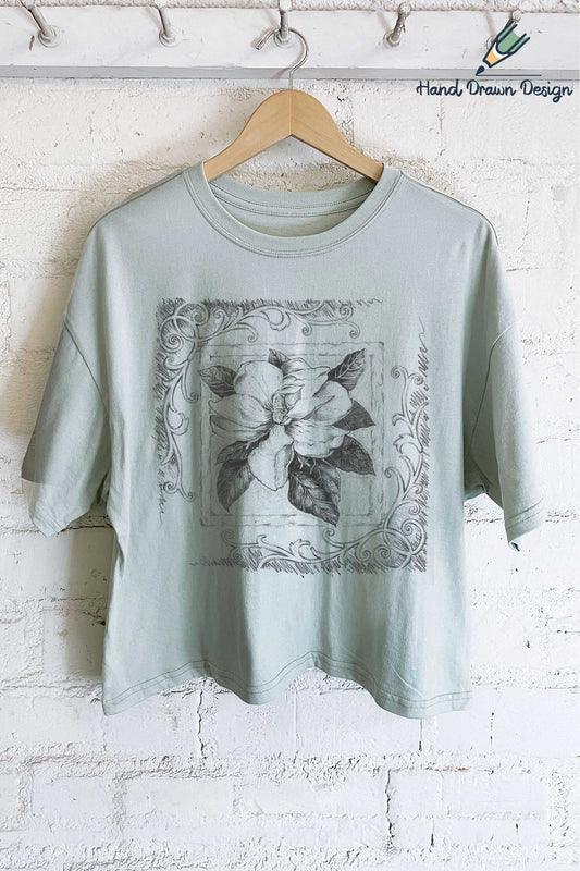Rustee Clothing - MAGNOLIA FLOWER HAND DRAWN GRAPHIC LONG CROP TOP: Dusty mint