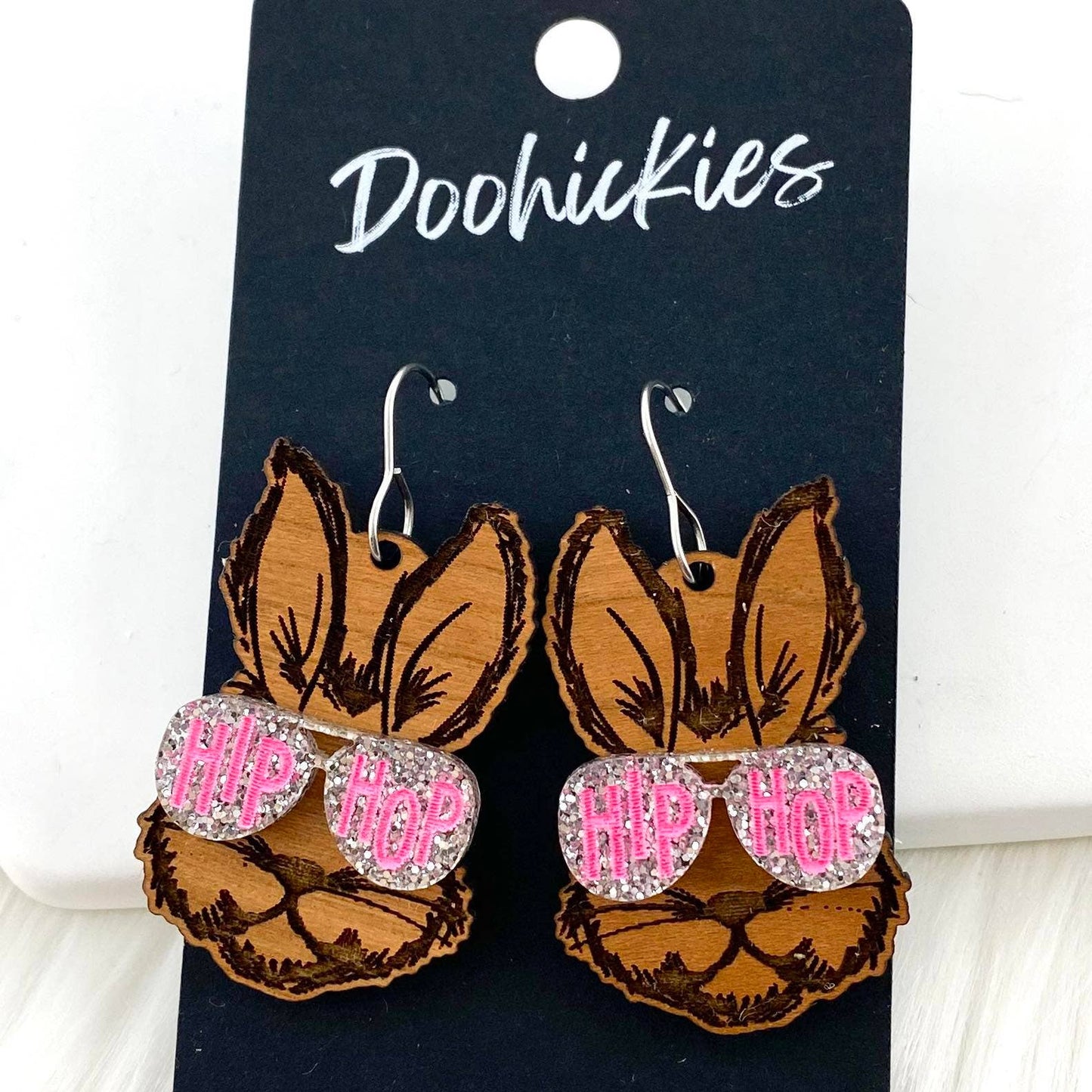 Doohickies - 1.75" Cool Bunnies -Easter Earrings: Birch Bunny & Pink Glitter Glasses