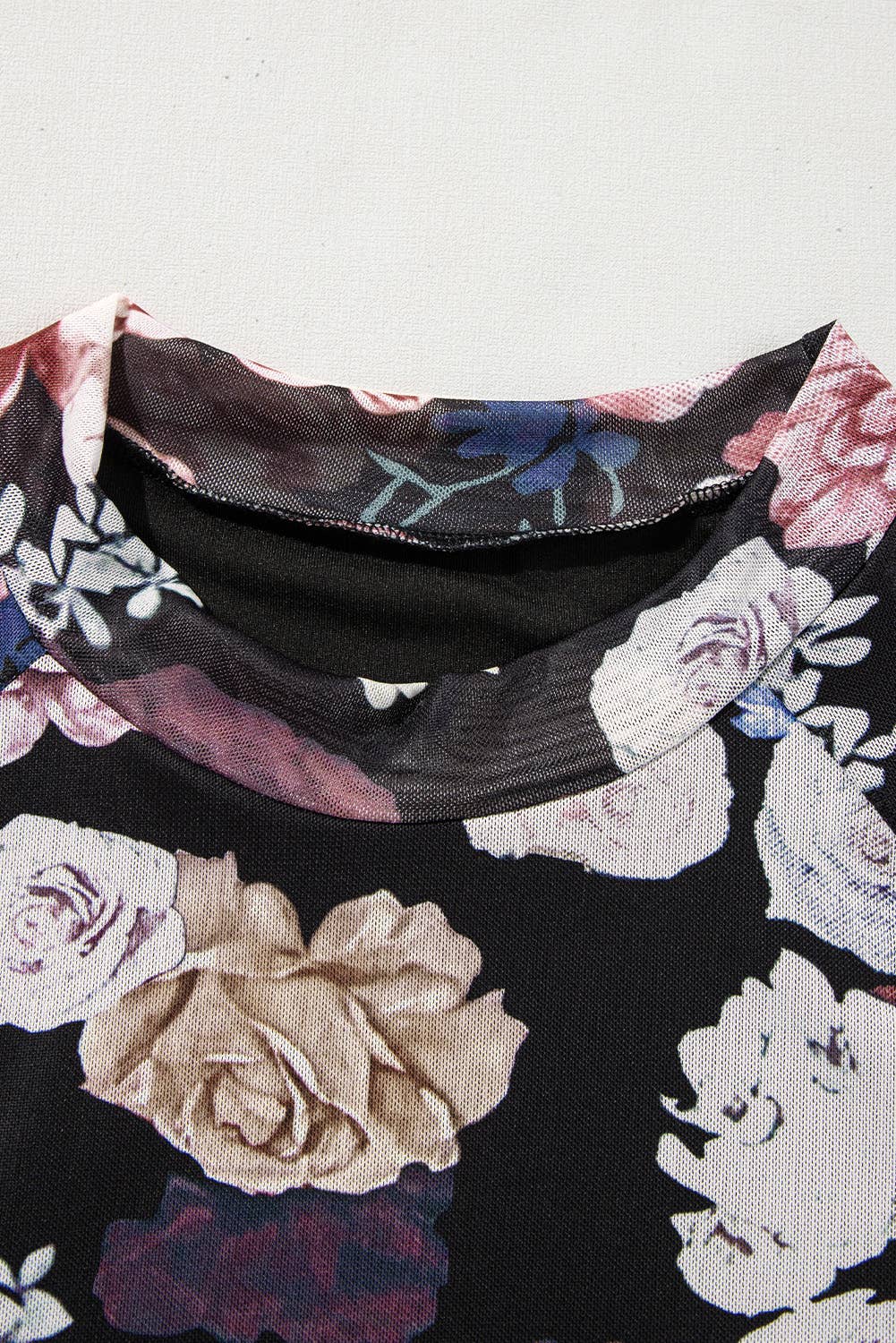 Mesh Floral Print Mock Neck Long Sleeve Slim Top