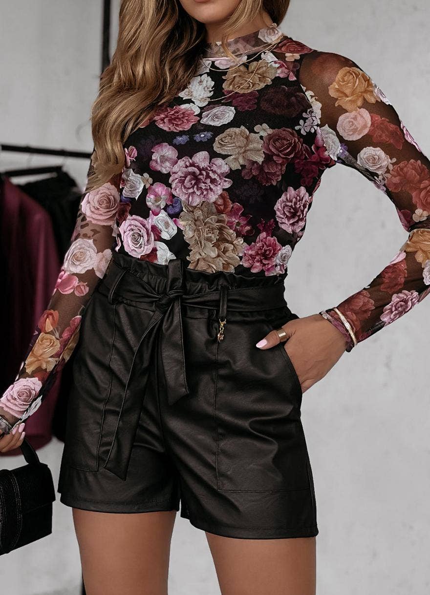 Mesh Floral Print Mock Neck Long Sleeve Slim Top