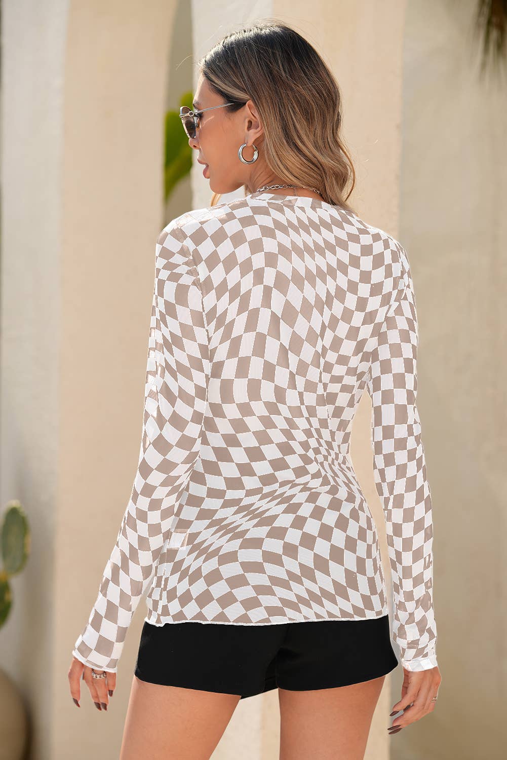 Checkered Pattern Mesh Mock Neck Long Sleeve Top: