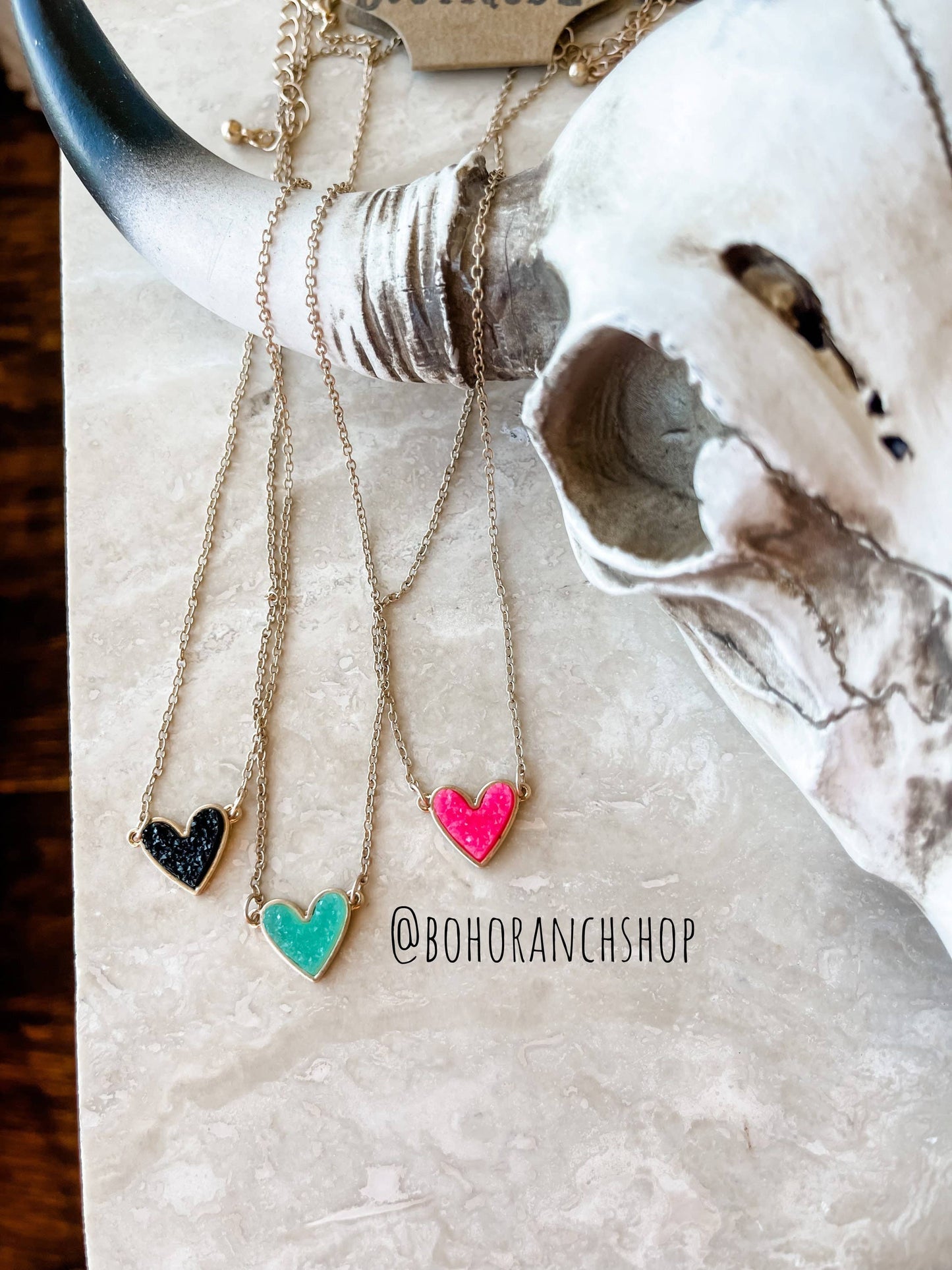 Boho Ranch Shop - Mini Druzy Heart Necklace: Pink