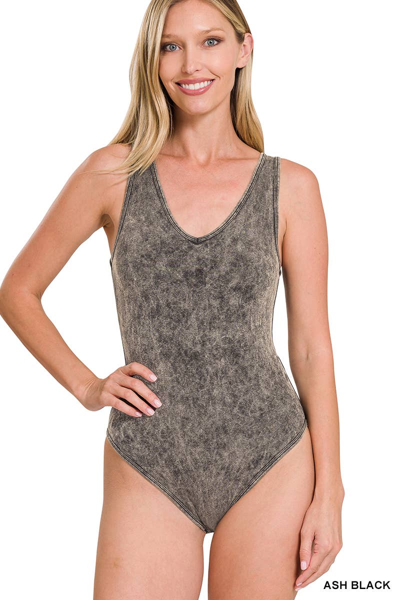 Washed Cotton Bodysuit w/ snap button closure: ASH BLACK