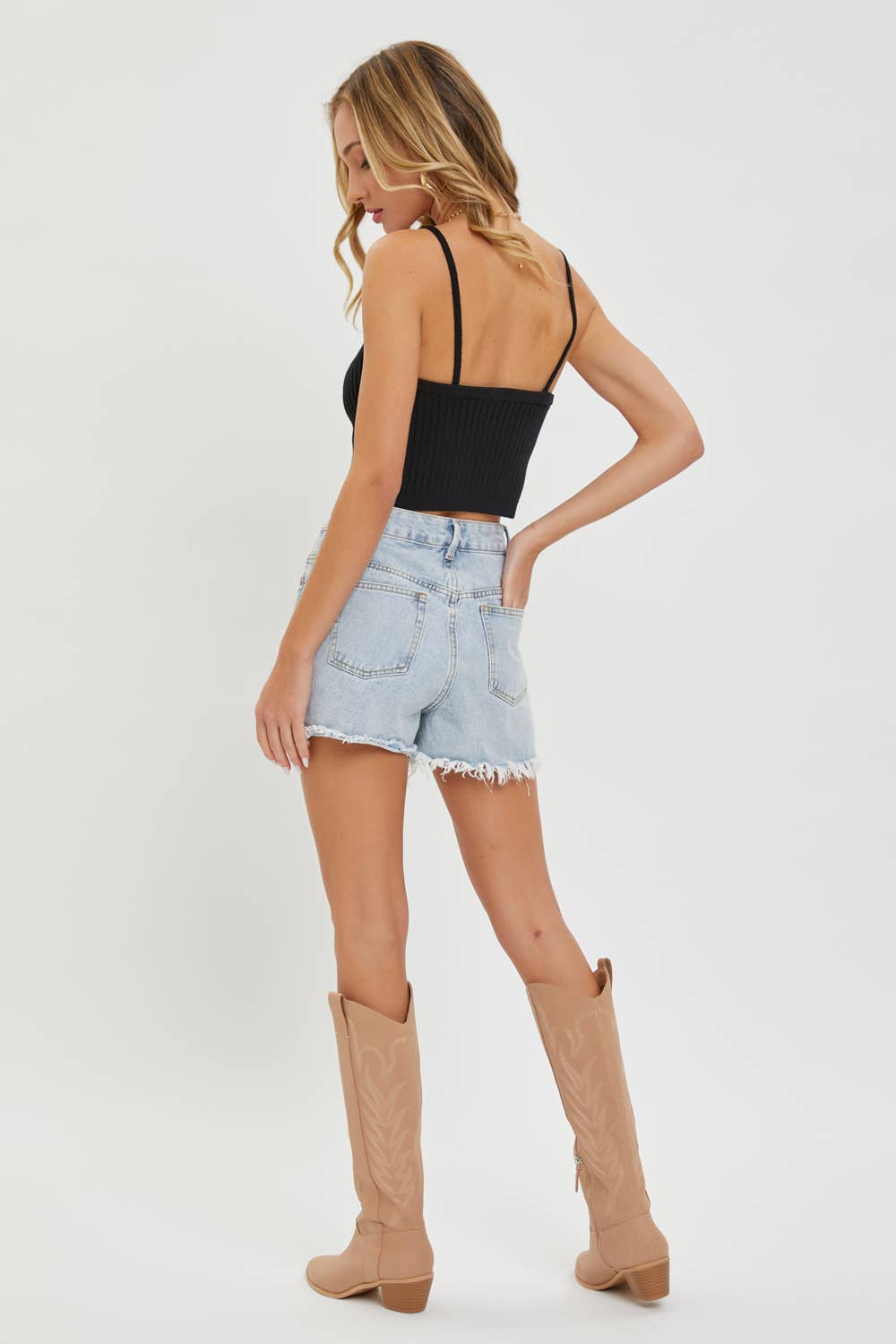 back view of Casual cami knit cropped tank top with ribbed V-neck
