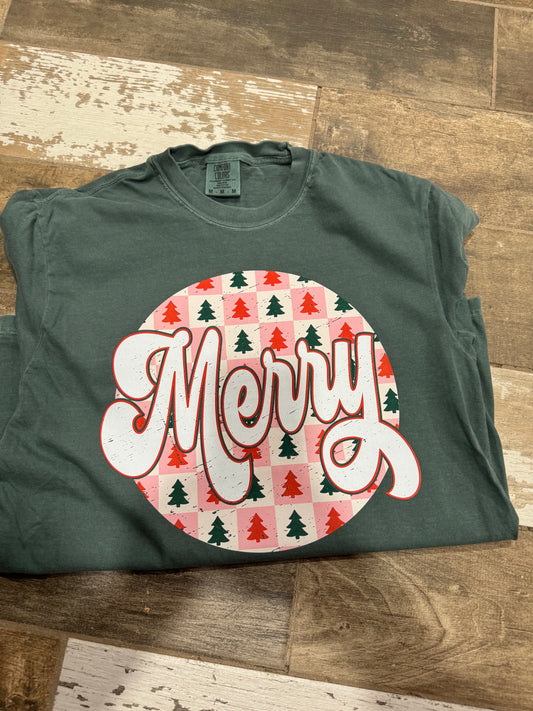 Merry checker trees tshirt