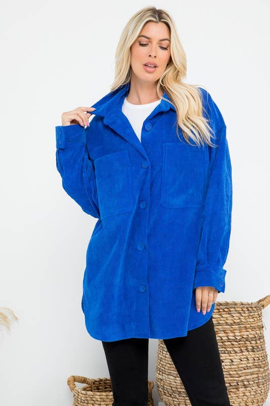 Oversized 4 Pockets Corduroy Shacket: Blue / L