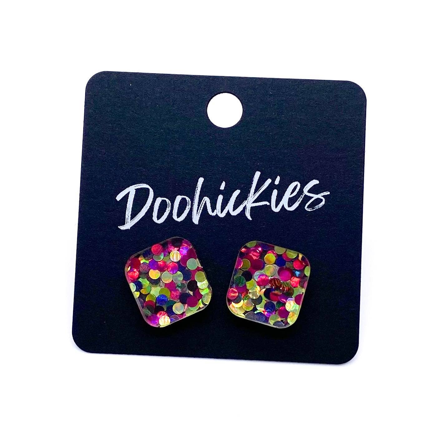 Doohickies - 14mm Confetti Square Studs- Spring Acrylic Earrings: Teal Party