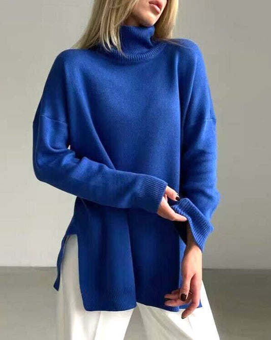 High Neck Slit Loose Knit Sweater