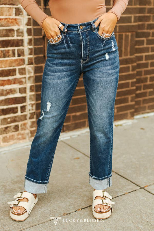 Dark Wash Tummy Control Boyfriend Jeans: