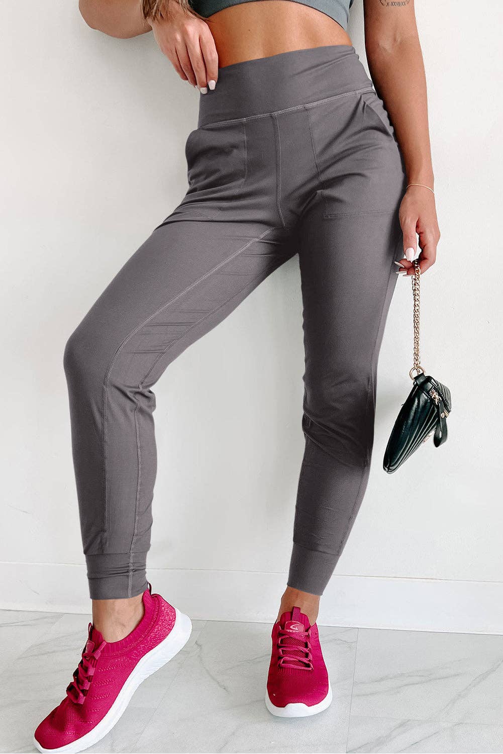 FULL TIME PURCHASE - Exposed Seam High Waist Pocketed Joggers: Black / L