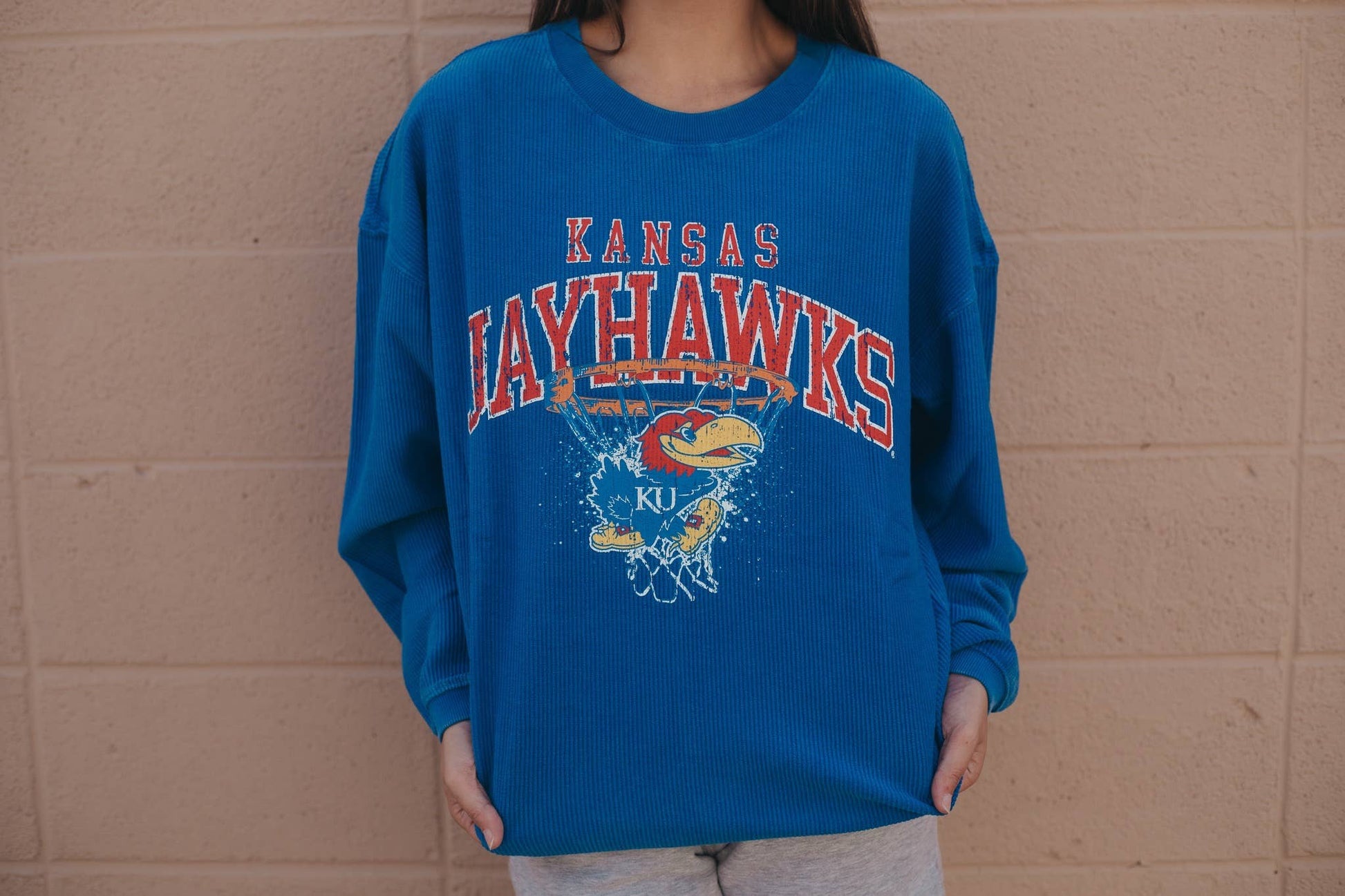 U of Kansas Crewneck, Jordan Swoosh Corded Crew, Washed Royal Crew, Kansas Jayhawks Apparel, Corded Texture Sweater