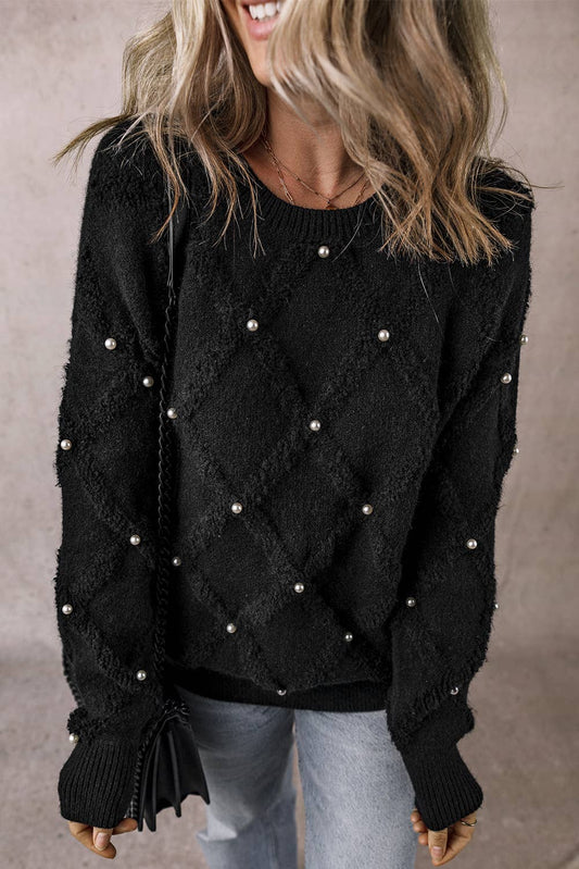 Pearl Embellished Rhombus Pattern Sweater