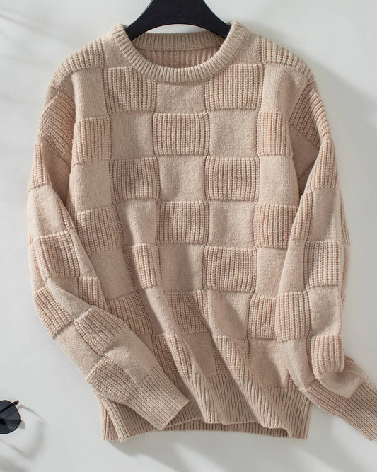 Apricot minimalist checked crewneck sweater featuring a subtle checked pattern and a comfortable, stylish fit.