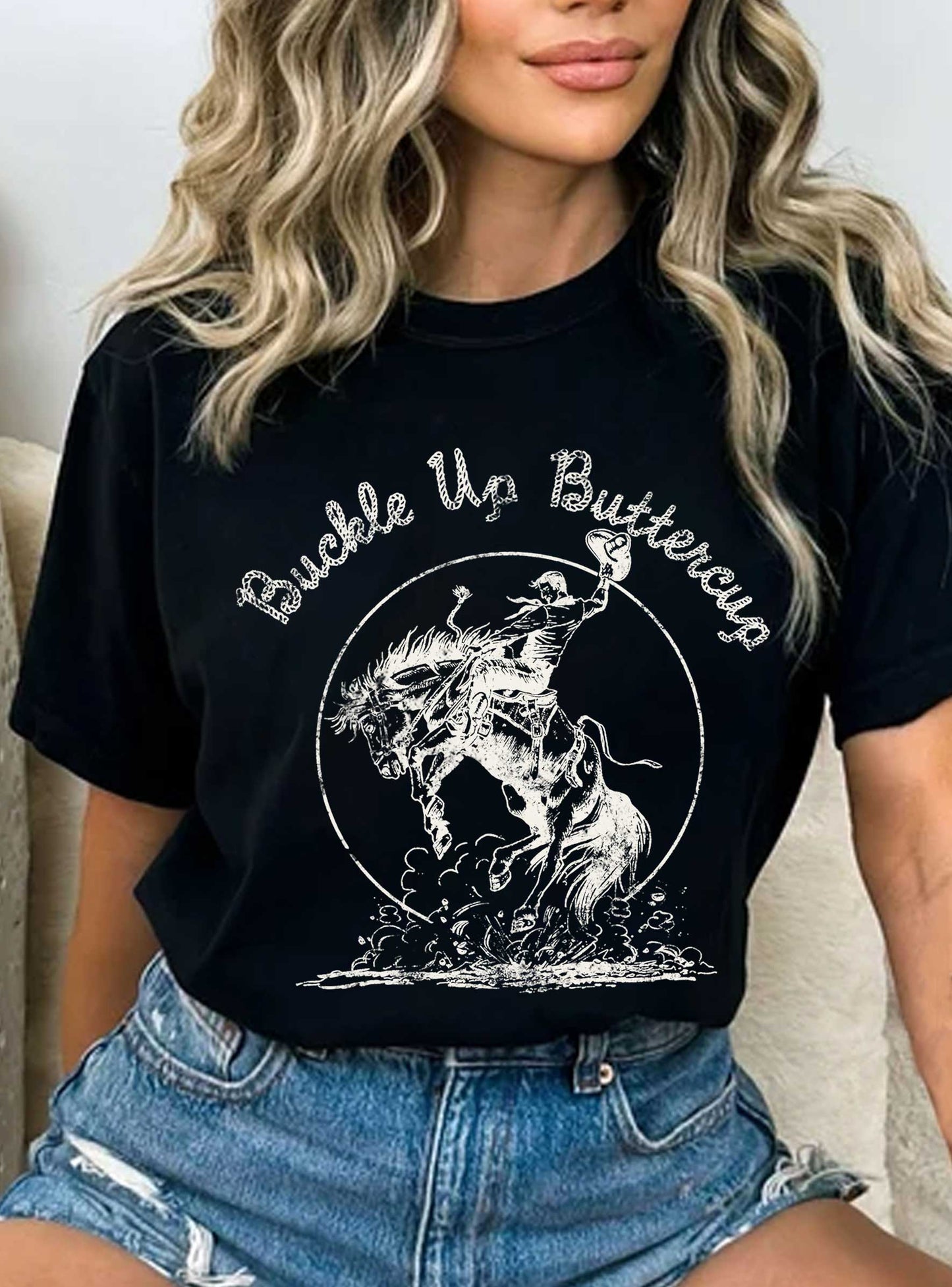 BUCKLE UP BUTTERCUP RODEO COWBOY GRAPHIC TSHIRTS: Black